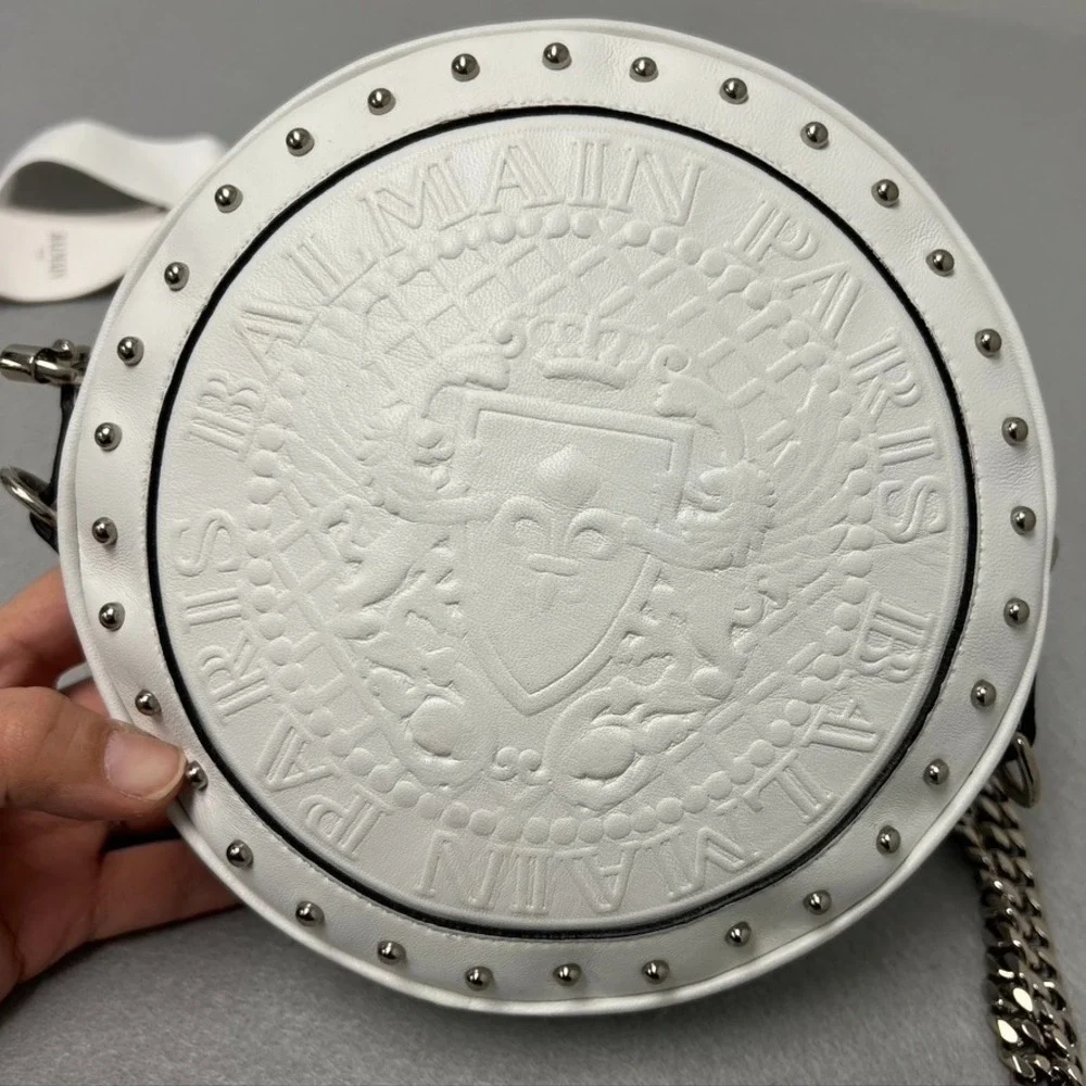 Balmain‎ Disco Leather Circle Crossbody Shoulder Bag White Small Chainlink Strap - Picture 16 of 16
